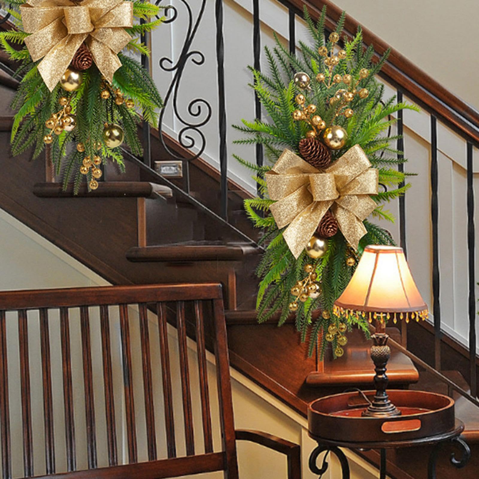 Guirnalda de Navidad Artificial Decorativa con Ramas Lazo Bolas Y Bayas Hecha de PP Y Tela Adecuada para Escalera Puerta Ventana Regalo Decoración del, Oro, Individual