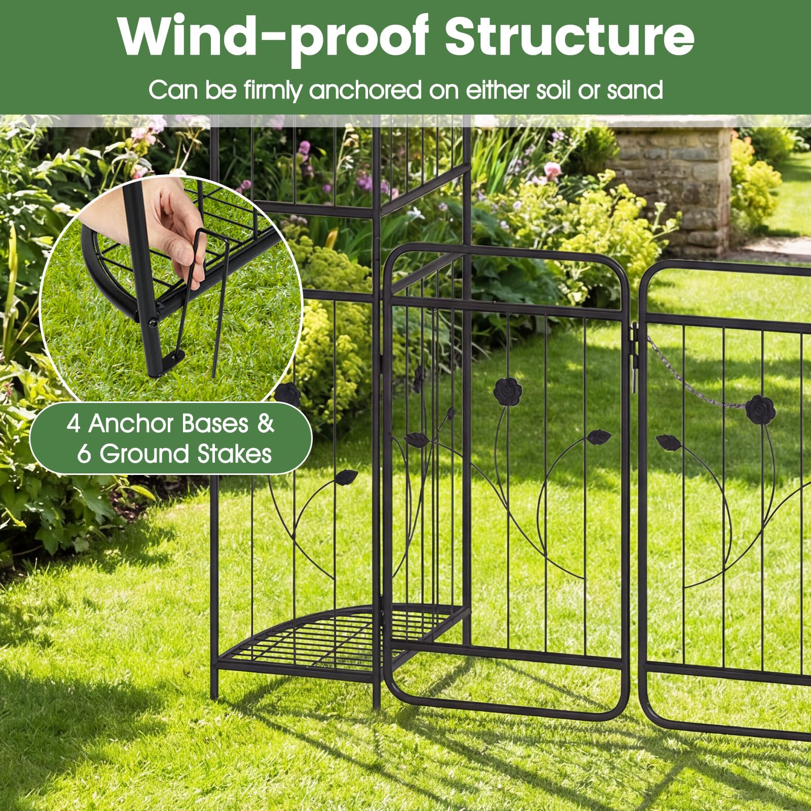 HOMASIS Rosenbogen mit Tür, Metall Gartenbogen mit Rankgitter & 2 Pflanzkästen, Gartentor stabil wetterfest, Rankhilfe für Kletterpflanzen, Spalier Torbogen für Hochzeit Garten Partys (163x50x220cm)