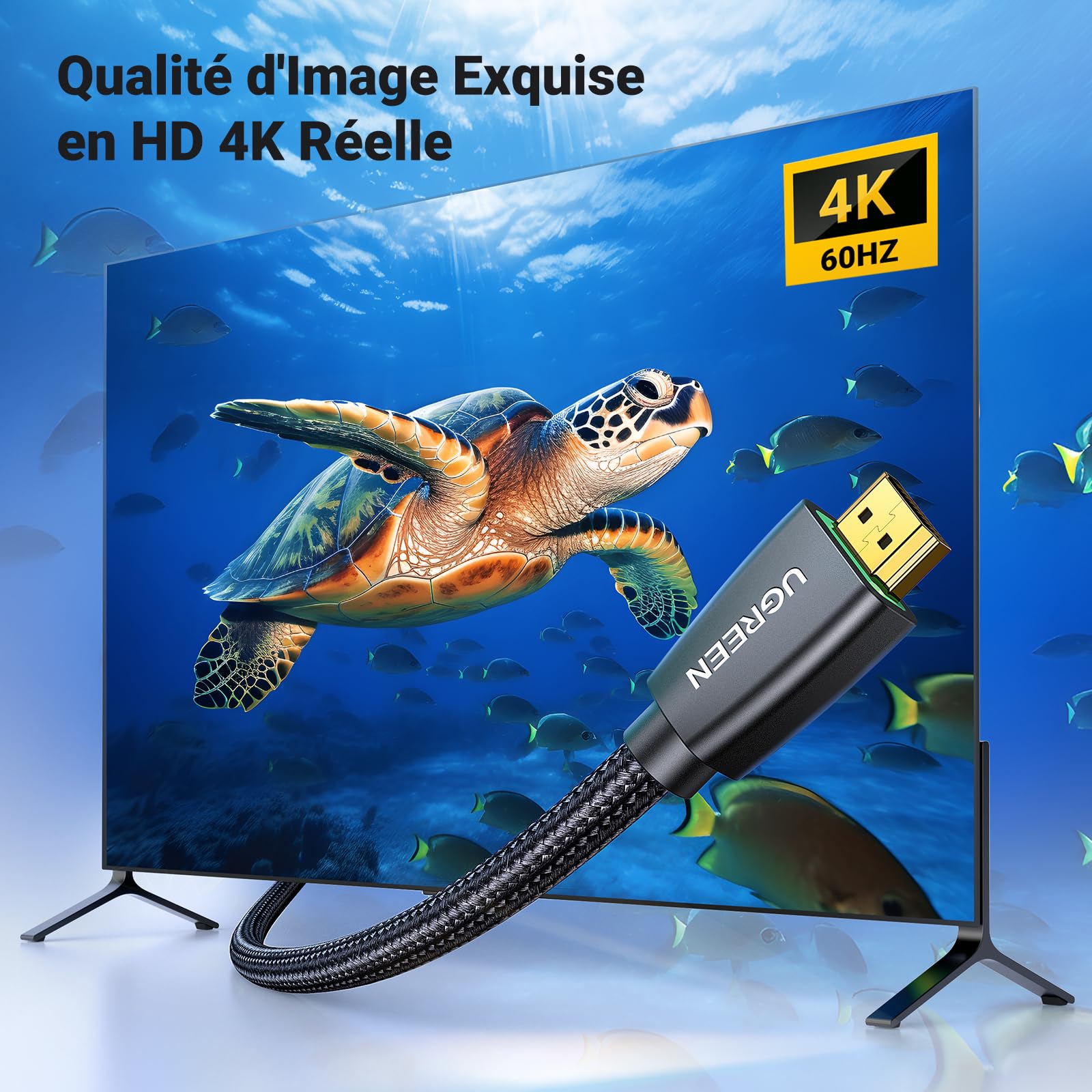 UGREEN Câble HDMI 4K Ultra HD Cordon 2.0 Haute Vitesse par Ethernet en Nylon Tressé Supporte 3D HDR Retour Audio Compatible avec PS5 PS4 PS3 Lecteur Blu Ray Xbox 360 PC Ampli TV Écran (2M)