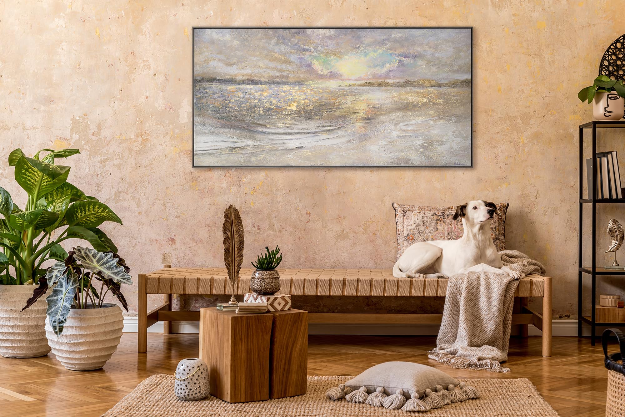 YS -Art ręcznie robione malarstwo motyw morski spokojny port malowane na akrylu jasne kolory ze złotym krajobrazem motyw morski z ramą 200 x 100 cm