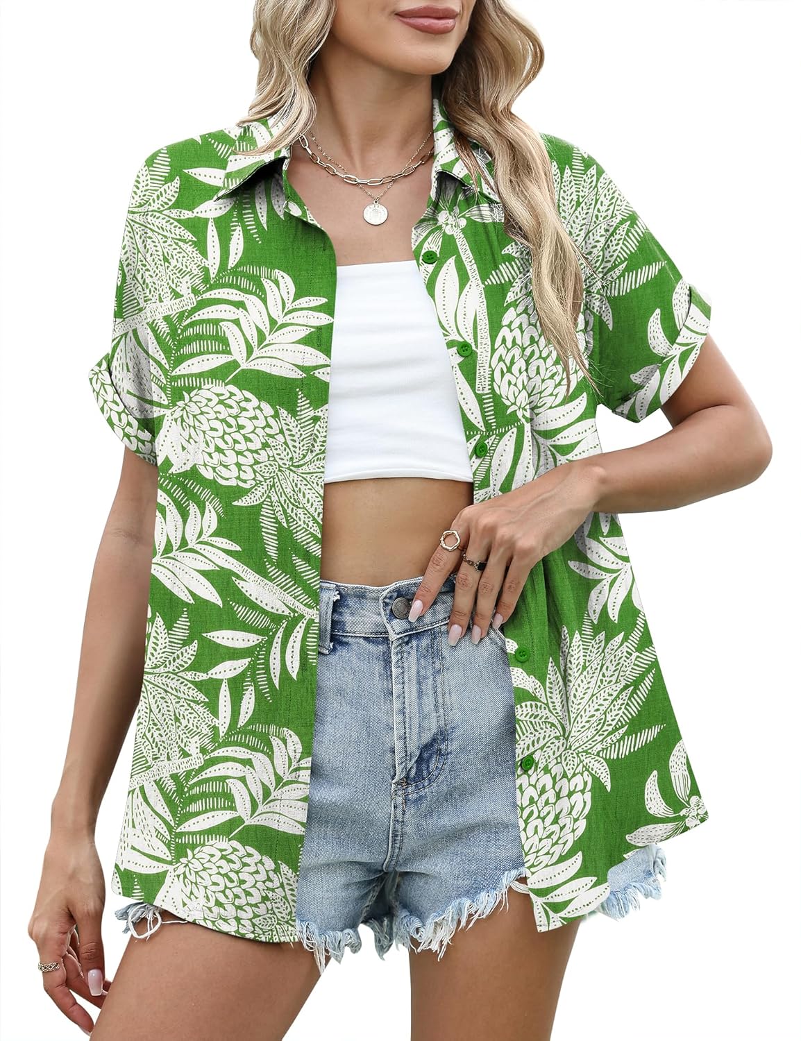 LUYAA Women's Hawaiian Shirt Short Sleeve Floral Button Down Shirts Beach Vacation Tropical Tops