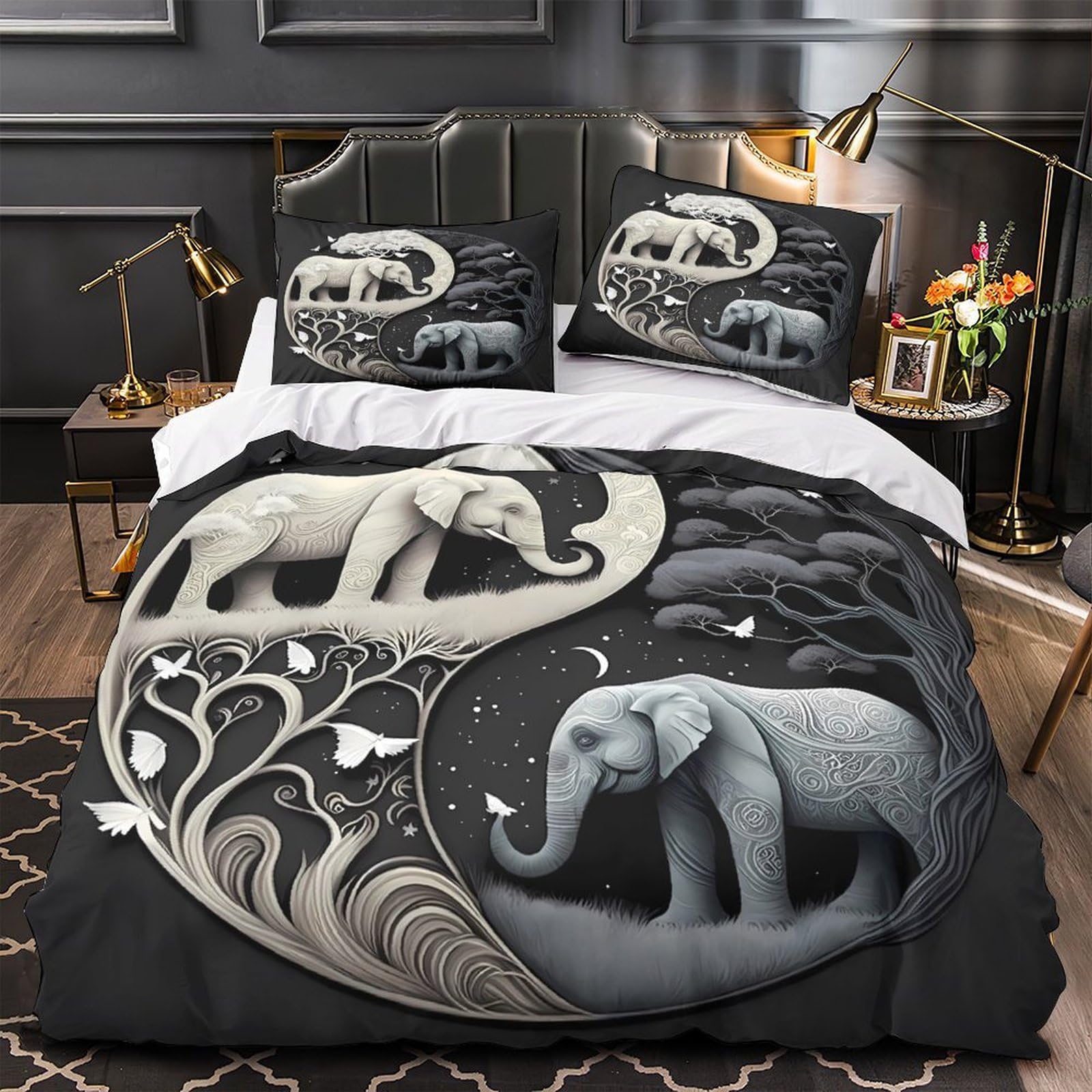 Linge de lit éléphant yinyang anti-plis en microfibre légère pour laverie facile