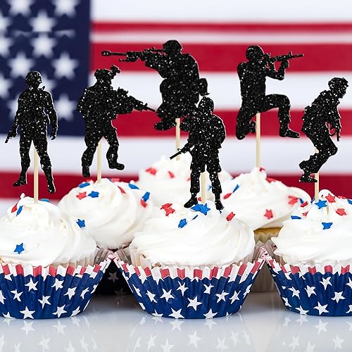 Miniatura 6 de Gyufise 24 piezas de soldado militar con purpurina temática militar de la Armada Ejército Fuerzas Especiales para cupcakes para el Día del Veterano