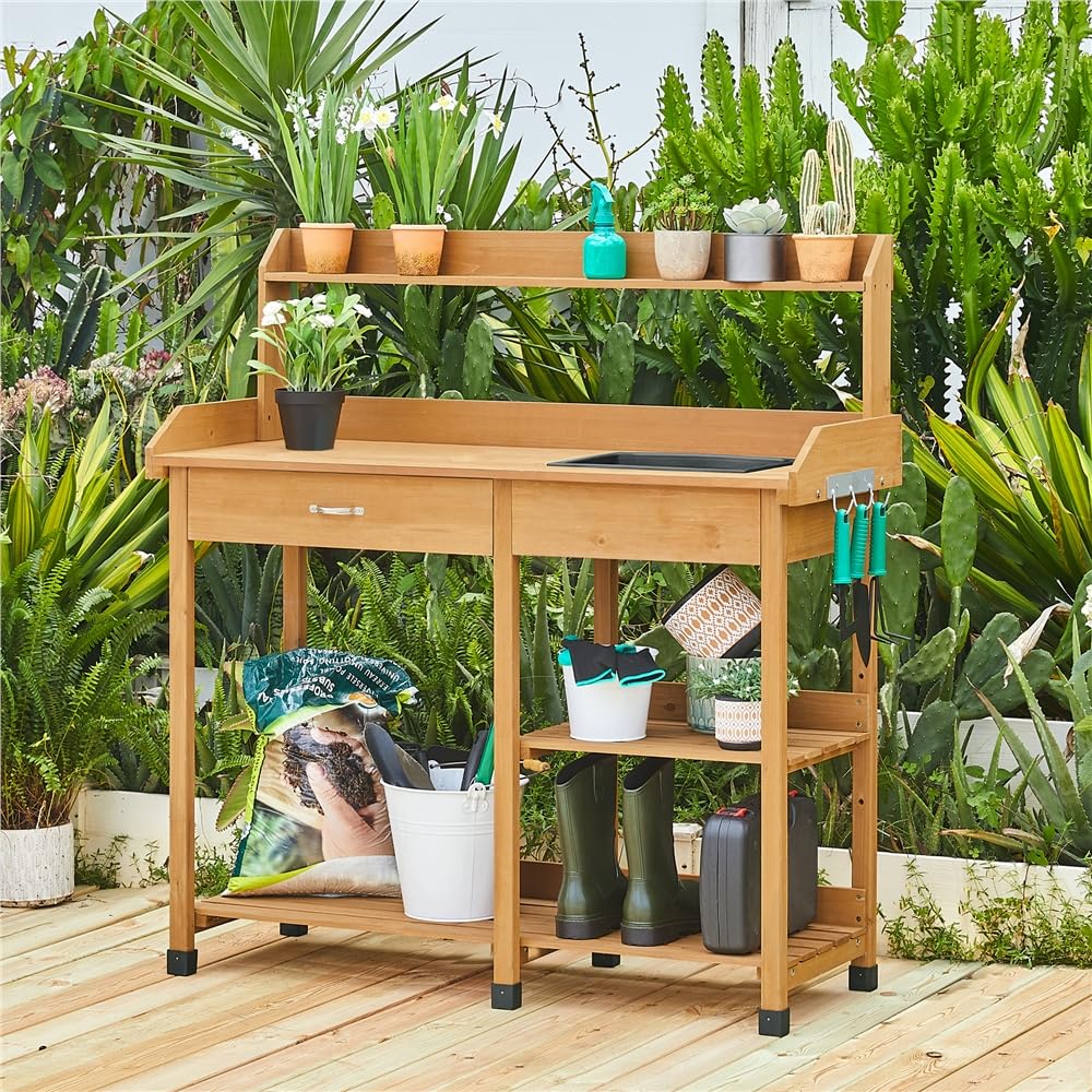 Yaheetech Table de Préparation pour Semis en Bois Plan de Travail avec Tiroirs Amovibles et Etagères de Rangement Couleur du Bois