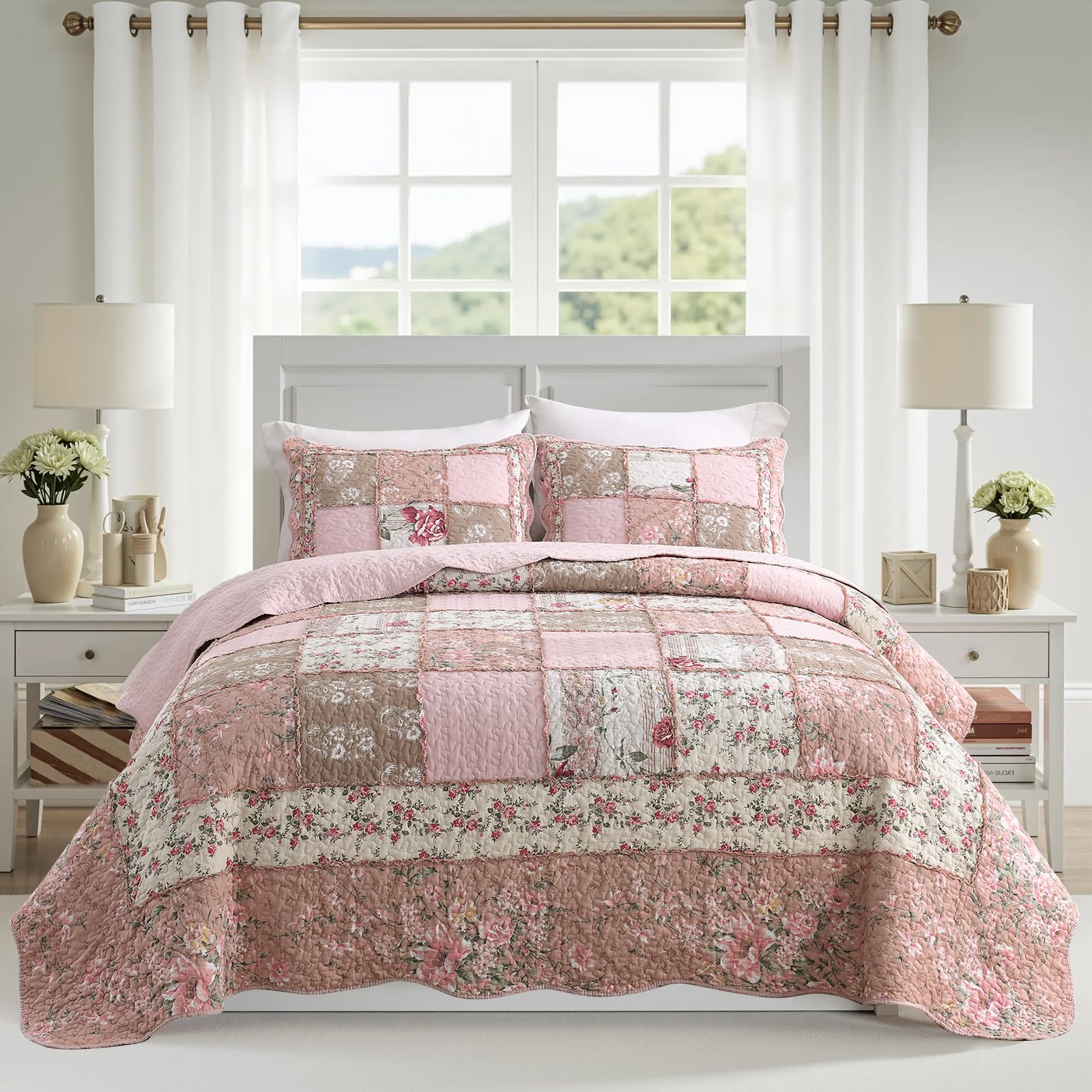 NEWLAKE Quilt Set King Size, Cotton Patchwork Pink Floral Quilt Sets, Real Stitched Embroidery Bedspread Lightweight and Breathable for All Seasons, Soft Quilted with 2 Pillow Shams