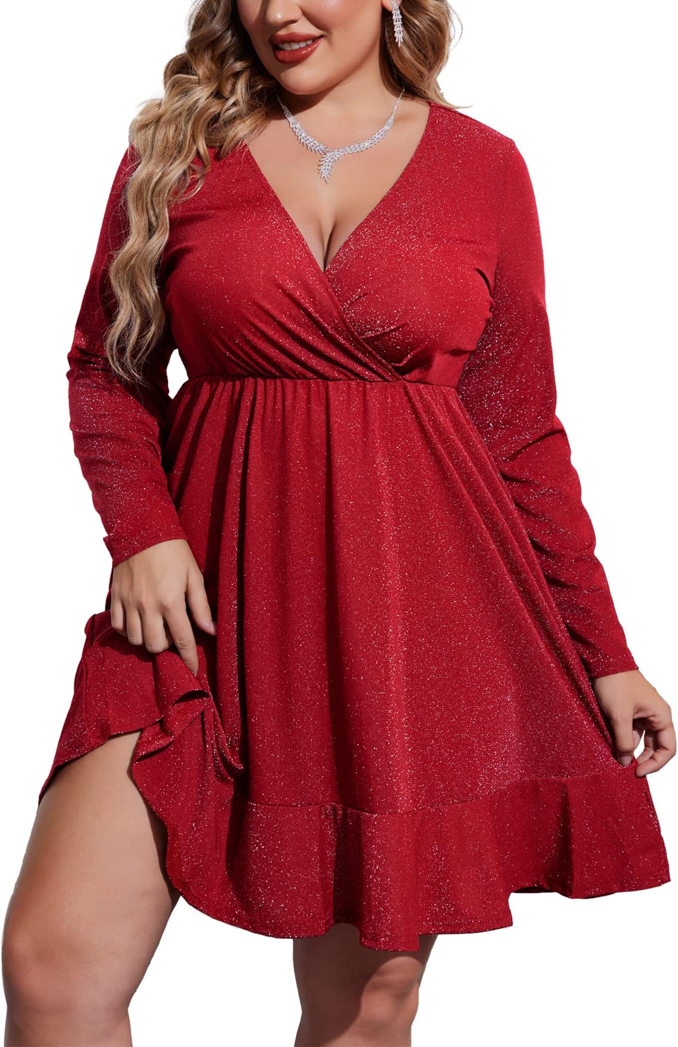 Plus Size Womens Glitter Dress V Neck Long Sleeve Ruffle Hem Swing Club Cocktail Party Dresses