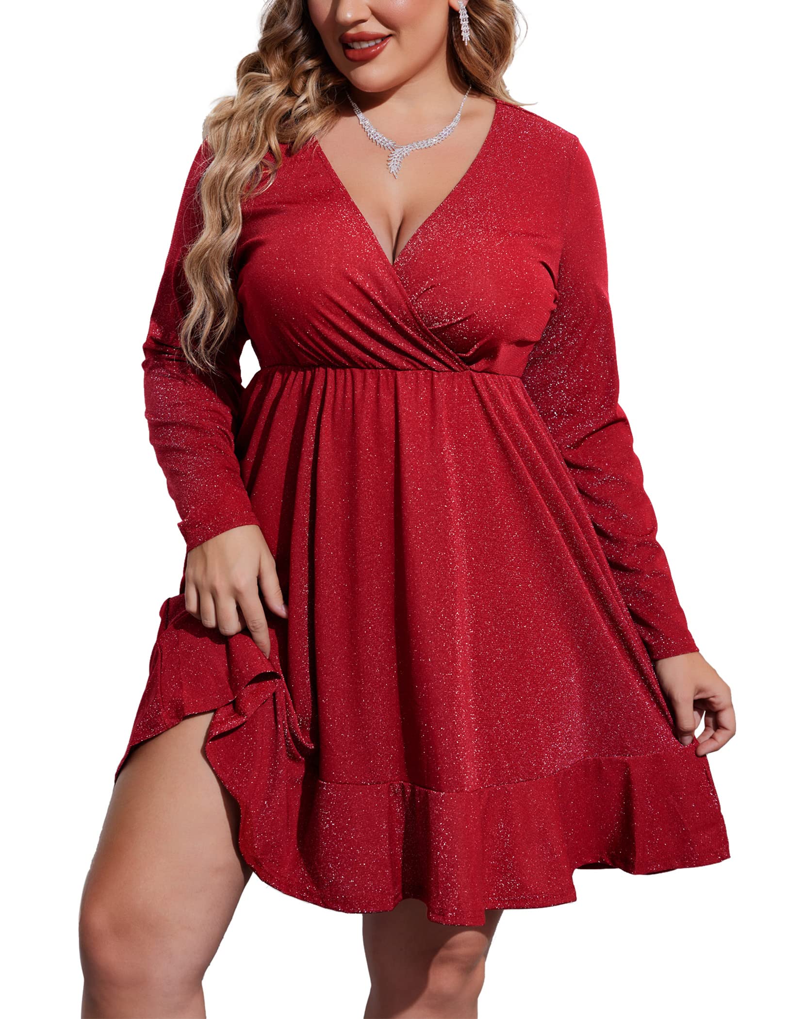 Plus Size Womens Glitter Dress V Neck Long Sleeve Ruffle Hem Swing Club Cocktail Party Dresses