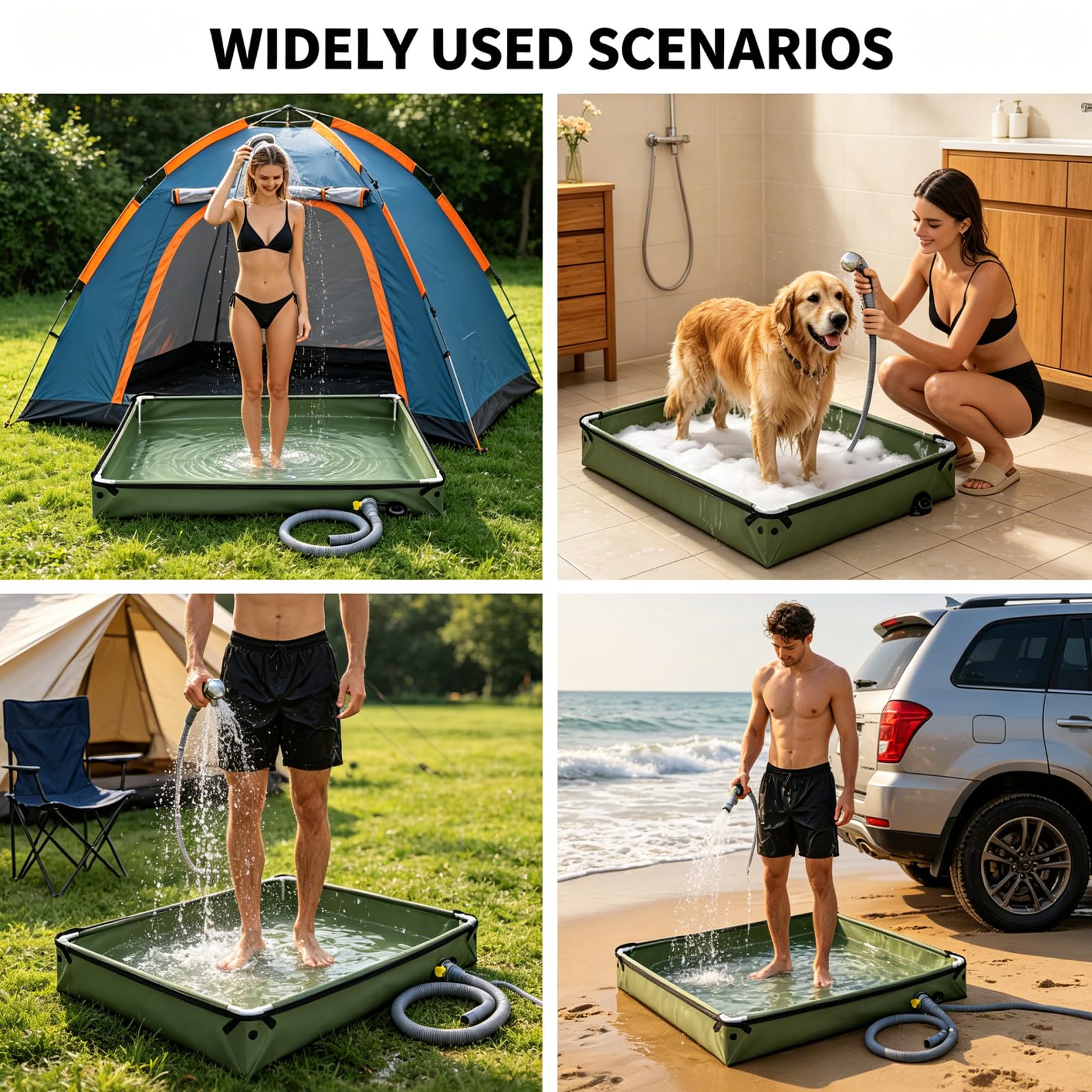 Piatto doccia pieghevole, 80 x 80 cm, piatto doccia da campeggio, base doccia portatile con tubo di scarico, tenda doccia per esterni, per camper, giardino, viaggi (verde militare)