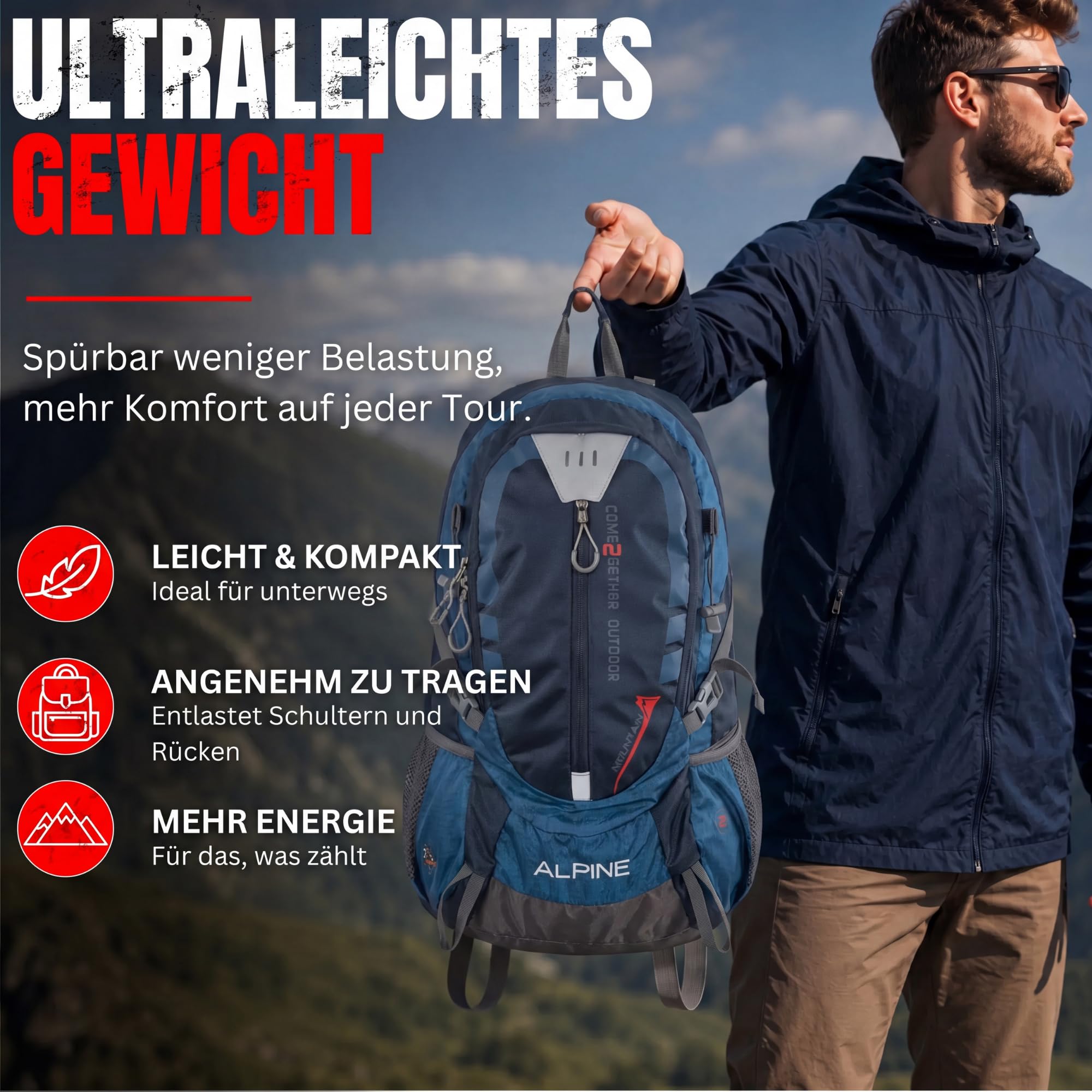 NOWI Trekkingrucksack praktischer moderner Outdoor Rucksack mit Regenhaube Brustgurt gepolsterte Schultergurte Schlaufen für Hiking Pole 40 Liter Volumen (Navy)