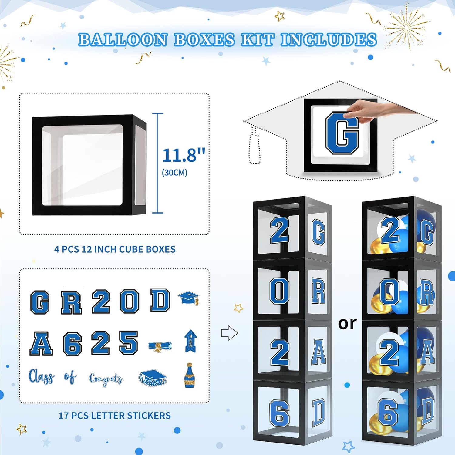 Party Spot！2026 Blue and Gold Graduation Party Decorations,124 PCS Graduation Decorations Class of 2026,4 PCS Balloons Boxes with LED Light String & Letters 2026 GRAD So Proud of You