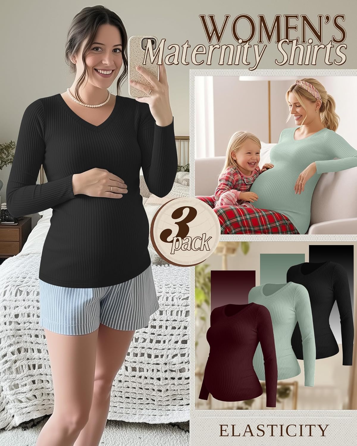 3 Pack Women's Maternity Shirts Fleece Long Sleeve V Neck Ribbed Pregnancy Tops Slim Fit Base Layer Mama Clothes - Image 3