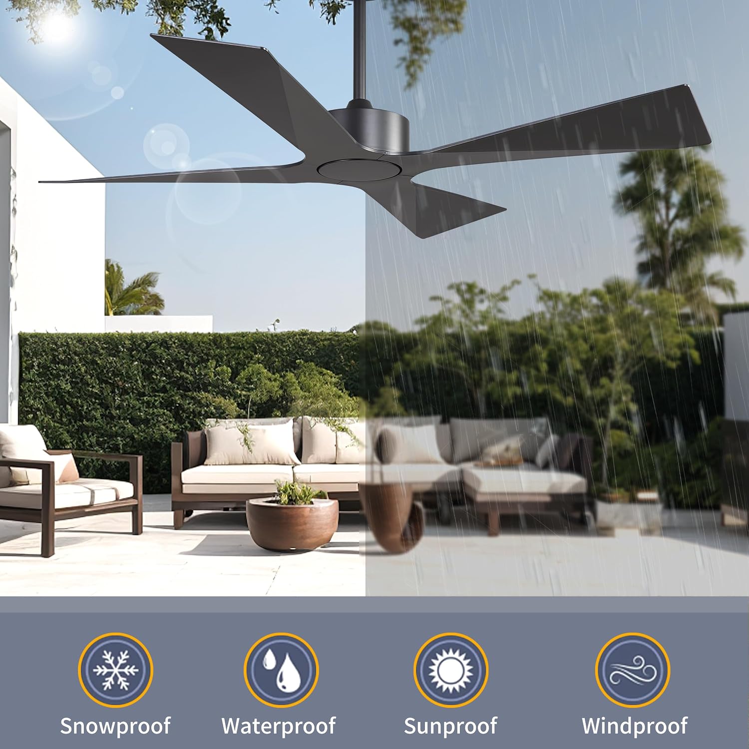 WINGBO 64" Wet Rated Outdoor Ceiling Fan without Lights, 4 ABS Plastic Blades, Reversible DC Motor, 6-Speed Remote Control, Waterproof Ceiling Fan No Lights for Patio Porch Gazebo Garage, Black