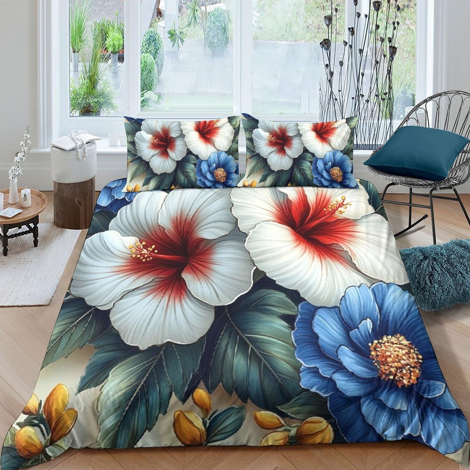 P5V6M1Q9 3D Printed Hibiscus Flower Duvet Cover Microfiber Soft Breathable Peony Bedding Set with 2 Pillowcases for Bedroom Decor Single（135x200cm）