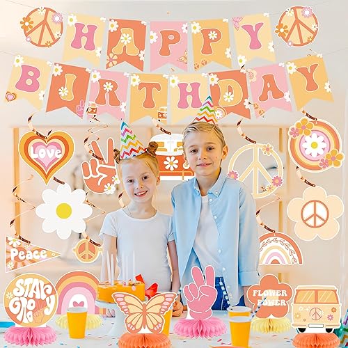 Miniatura 6 de 19 piezas de decoraciones de fiesta geniales incluyen pancarta bohemia de feliz cumpleaños, espirales colgantes hippie retro boho panal centros de