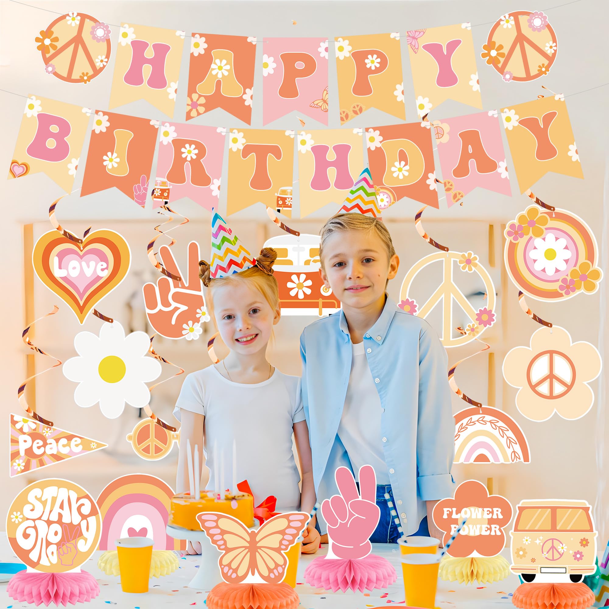 Hippie dekoracje imprezowe, w stylu retro, boho, z napisem "Happy Birthday", hipisowskie, wiszące wiry, boho, struktura miodu, artykuły na przyjęcie urodzinowe, 19 szt