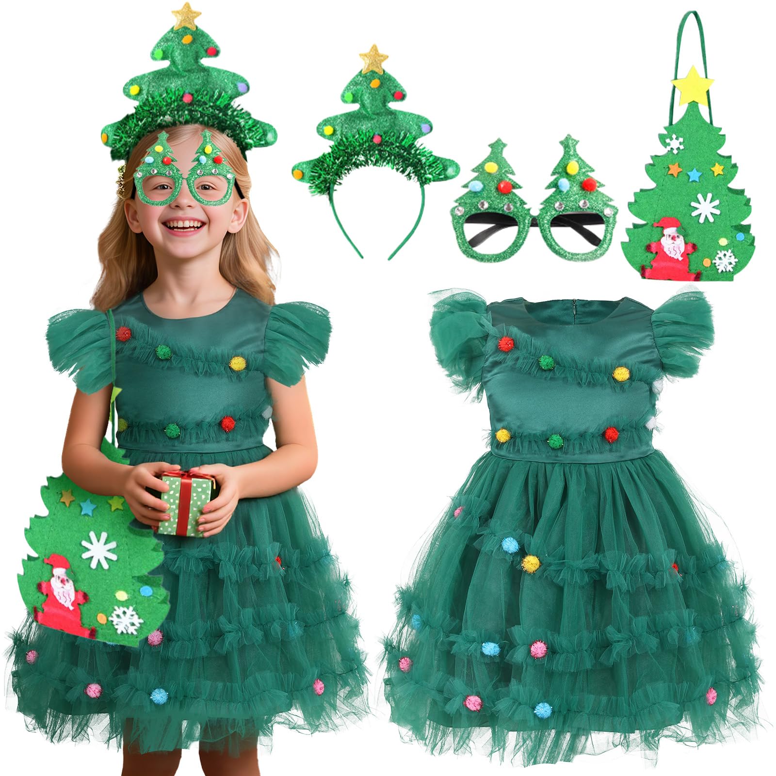shyhand 4PCS Girls Christmas Tree Dress Costume, Green Xmas Tulle Outfit with Glasses Headband Bag, Fancy Holiday Tutu Dresses (XXLarge)