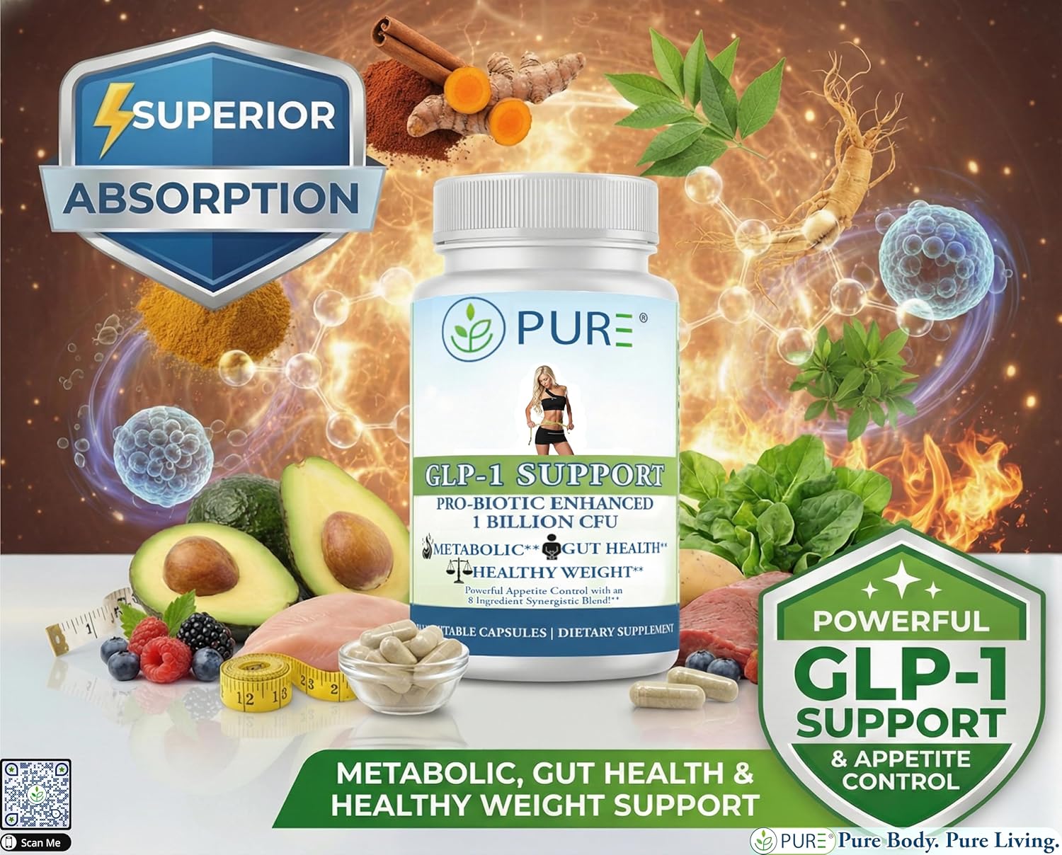 PURE® GLP-1 Support - Natural GLP-1 Alternative - 30 Capsules - with Akkermansia Muciniphila, Berberine HCl & Yerba Mate - Appetite Control & Metabolic Weight Management Supplement - Made in USA - Image 2