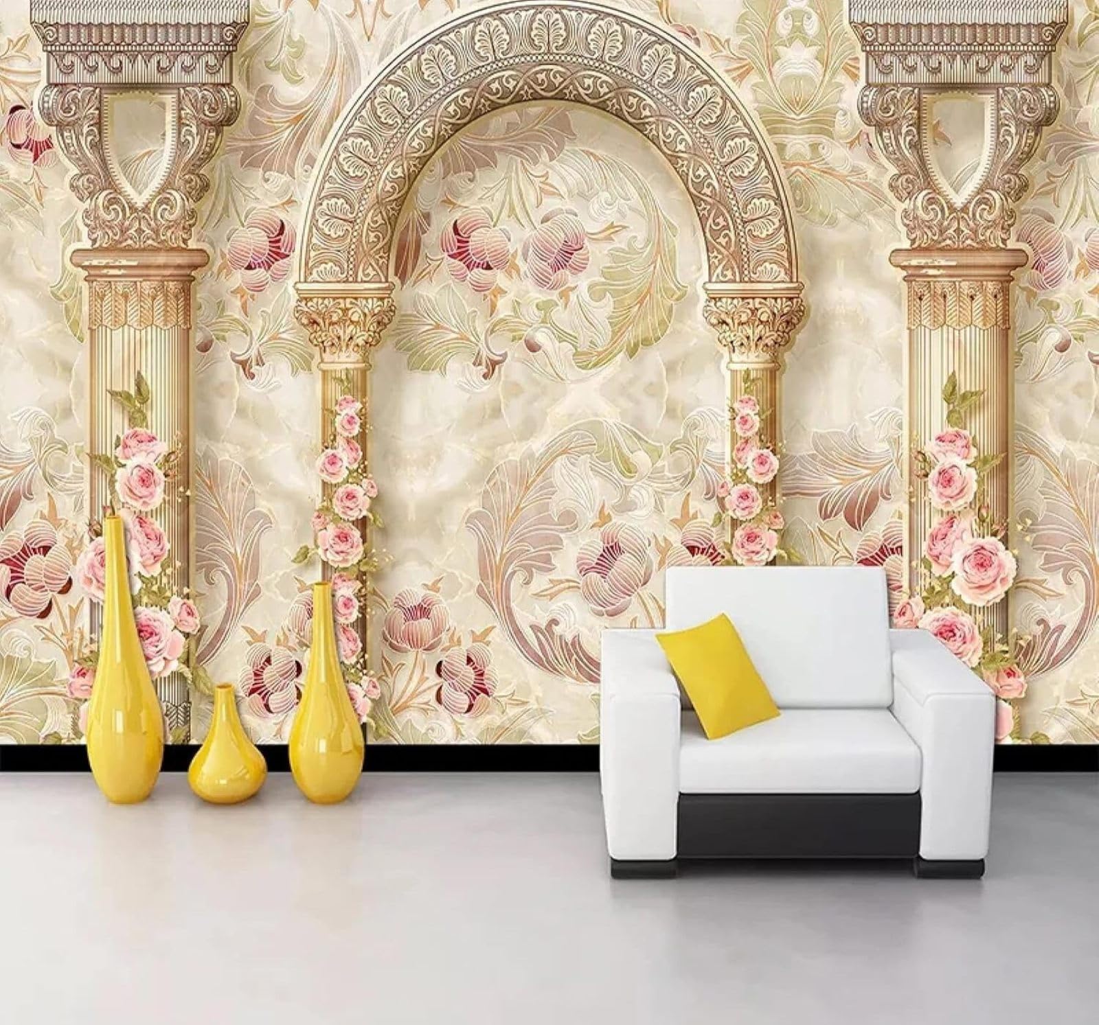 XLMING Classic Marble Effect Pattern Roman Columns Floral 3D Wallpaper Luxury Home Dining Decor Paste Sofa Living Room The Wall for Bedroom Mural-300cm×210cm