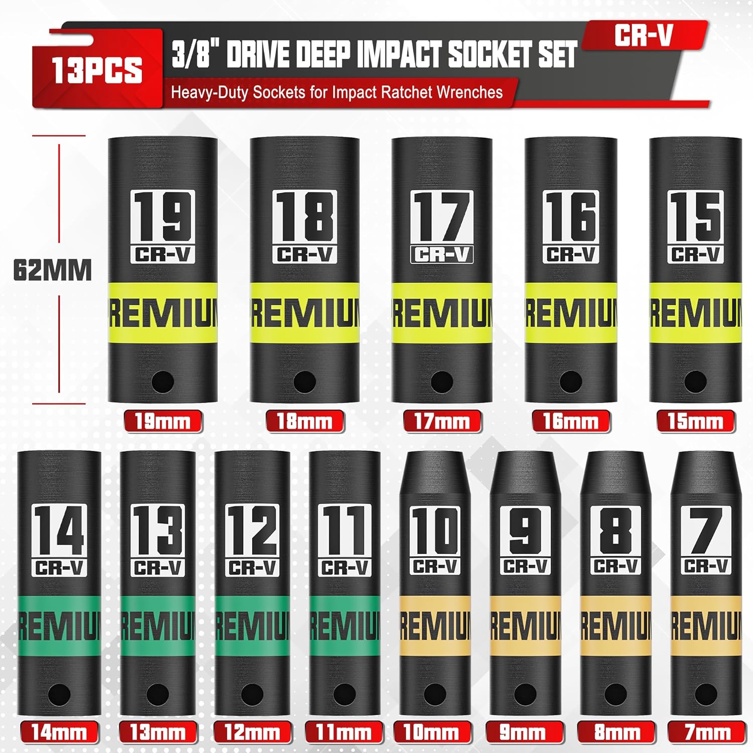 13-Piece 3/8" Drive Deep Impact Socket Set, 7-19mm, CR-V, 6 Point, Heavy-Duty Sockets for Impact Wrenches, Automotive and Home
