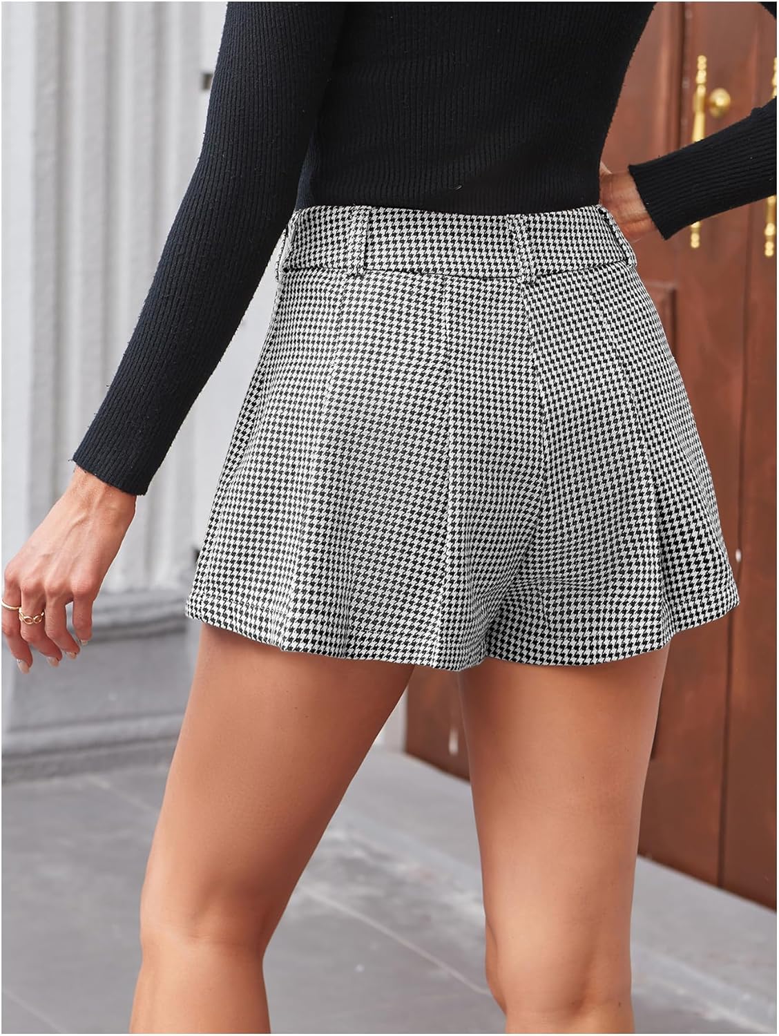 MakeMeChic Women's Houndstooth Plaid Shorts Pleated High Waisted Business Casual Skorts - Image 2