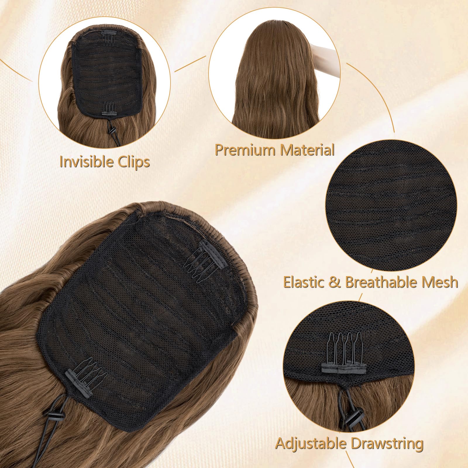 Benehair Ponytail Extensions 24 Inch Long Curly Wavy Drawstring Ponytail Synthetic Clip in Ponytail Hair Extensions Middle Brown Hairpieces for Women(Middle Brown - Image 4