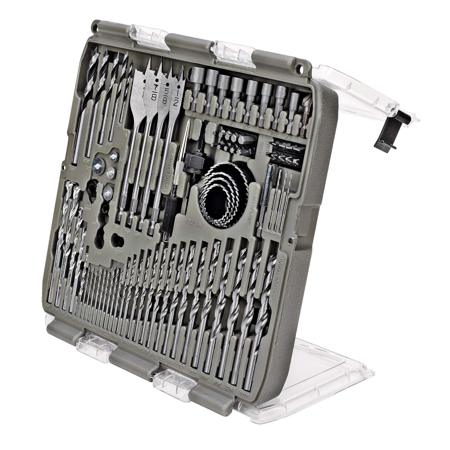 Tradespro 90-Piece Drill Bit Set with Screwdriver Bits, Hole Saws, Brad Point, Masonry, Wood Boring Bits, Carry Case with Flip Cover Stand – 835113