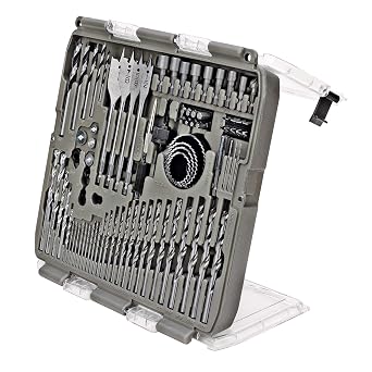 Tradespro 90-Piece Drill Bit Set with Screwdriver Bits, Hole Saws, Brad Point, Masonry, Wood Boring Bits, Carry Case with Flip Cover Stand 835113