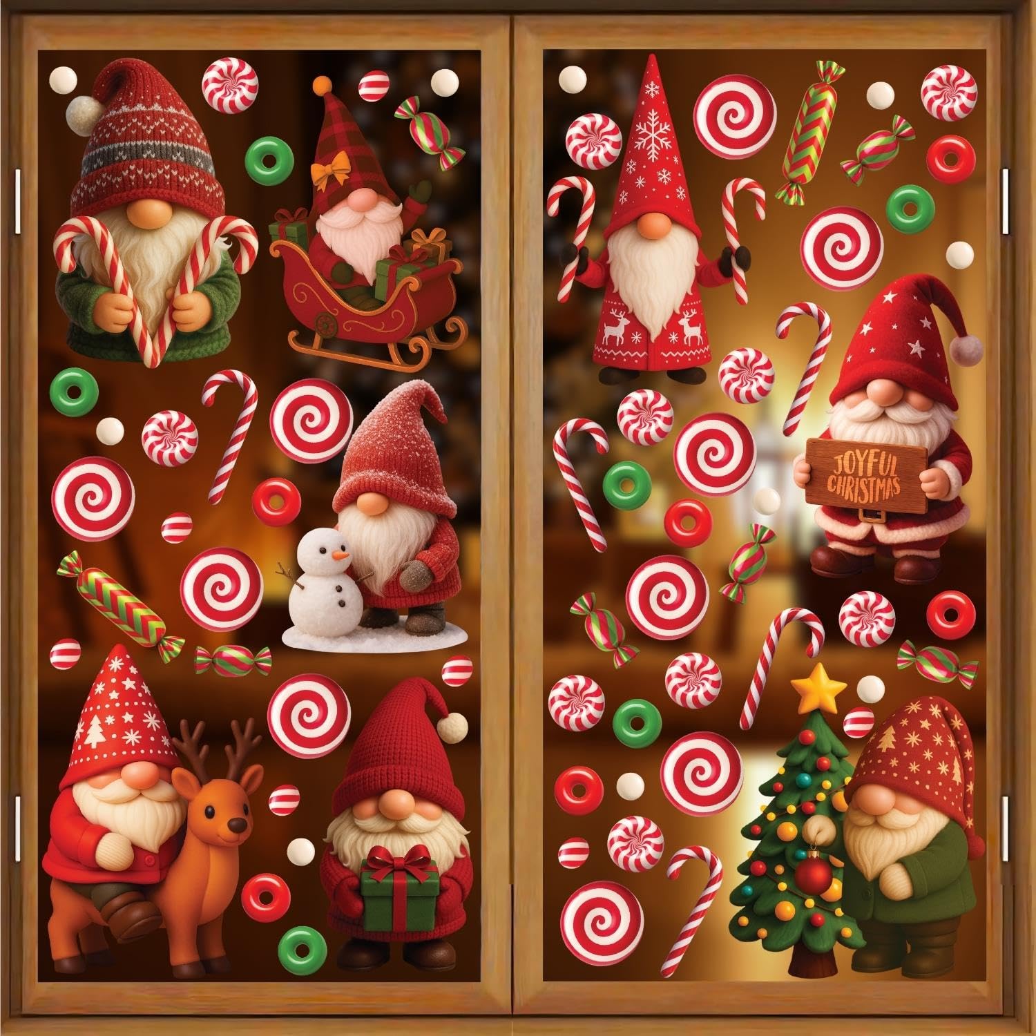 WALPLUS 186 PCS Christmas Window Stickers – Reusable Holiday Gnomes & Candy Delights Clings, Double-Sided PVC Snowflake Decals for Xmas Decorations