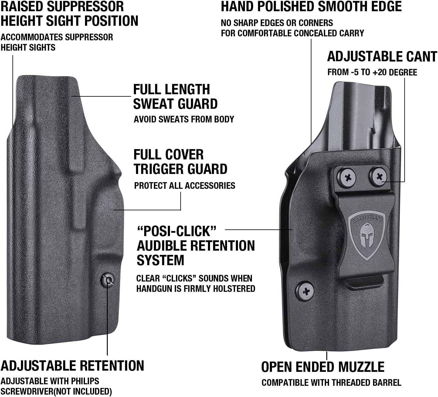 WARRIORLAND IWB Kydex Holster Compatible with Glock 43X / G43 / G43X MOS Pistol, Inside Waistband Concealed Carry, Adj. Posi-Click Retention & Cant, Right Hand/Left Hand Option