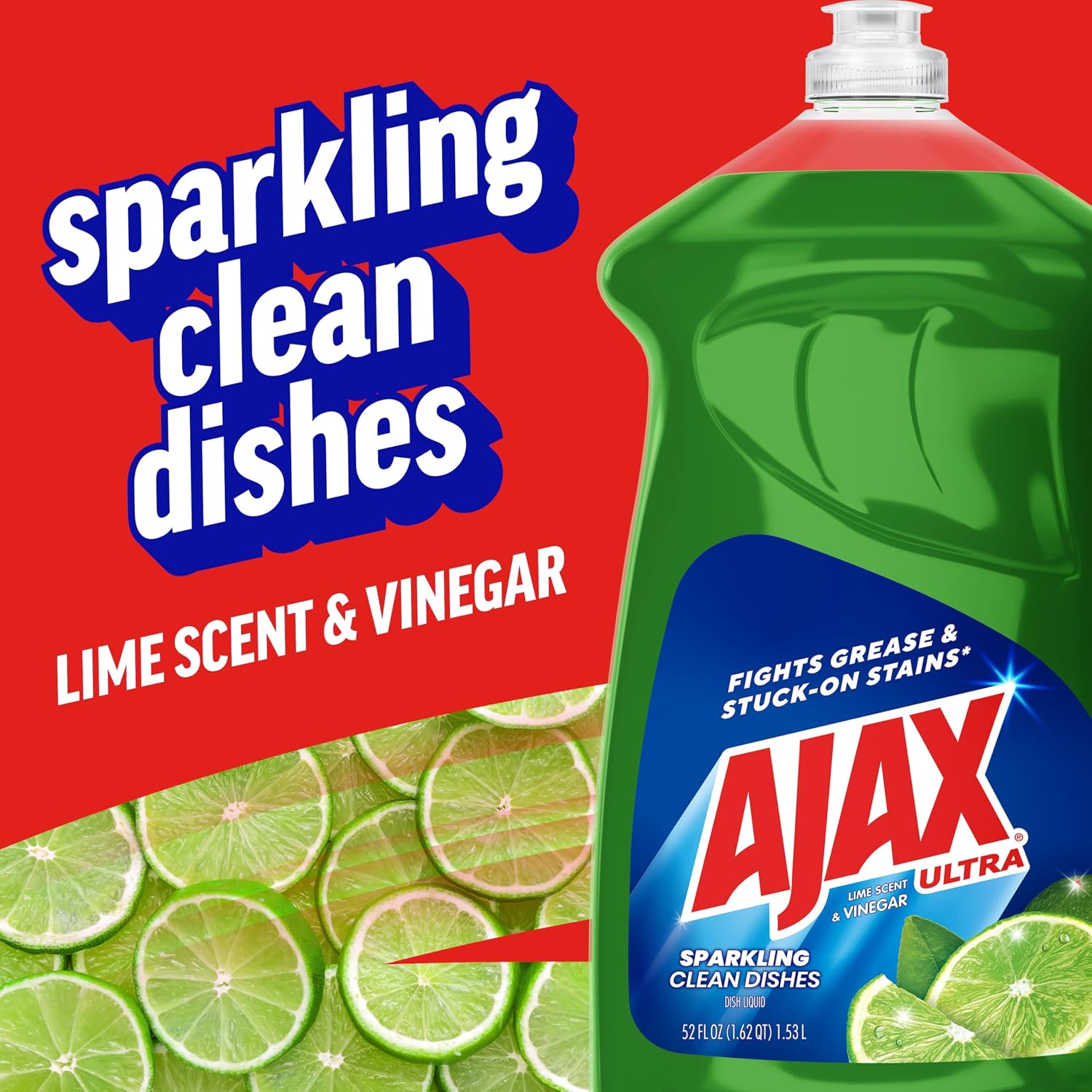 Ajax Ultra Dish Soap Lime Scent and Vinegar, Sparkling Clean Dishes, Mess-Free, Easy-Flip Cap, 52 fl oz Bottle