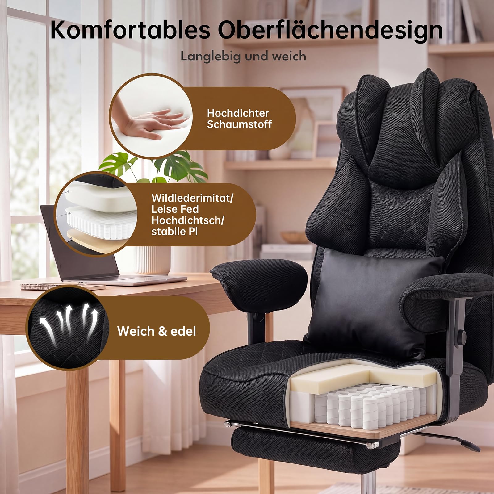 Ergonomischer Bürostuhl 200kg, XXL Chefsessel Fußstütze Homeoffice | XXL Schreibtischstuhl Ergonomisch, 90–135° Rückenlehne, W-Form Sitzkissen, Lendenkissen, Mesh Stoff Schwarz