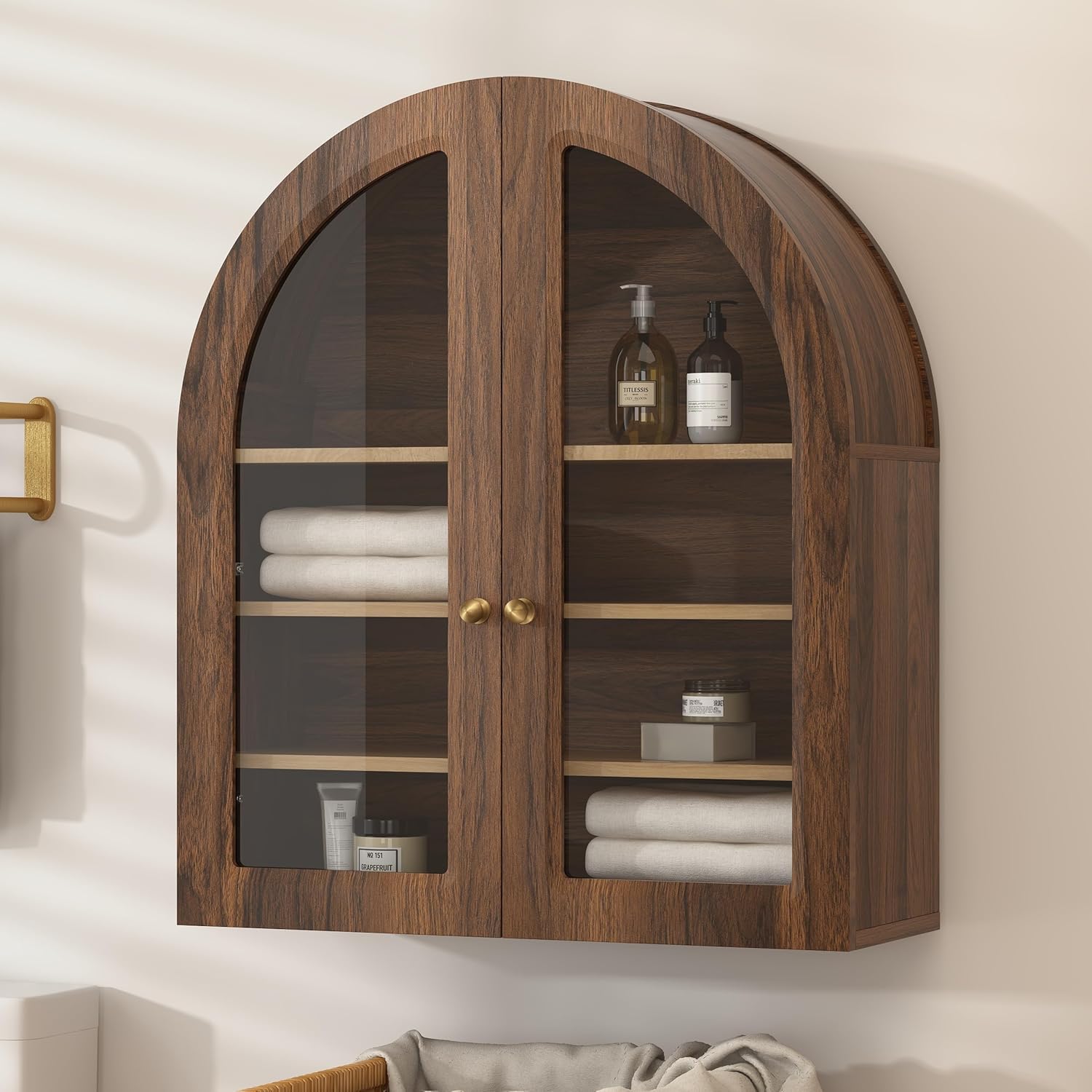 Large Arched Bathroom Wall Cabinet Wooden Medicine Cabinet with Acrylic Doors Farmhouse Wall Mounted Cupboard Display Storage Organizer for Laundry Room, Dining Room, Brown