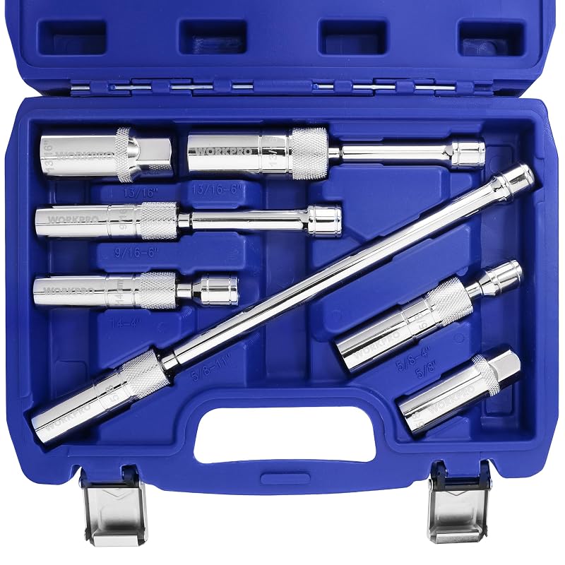 Kit WORKPRO com 7 soquetes magnéticos articulados para velas de ignição, parede fina e acionamento de 9,5 mm (3/8 pol.)