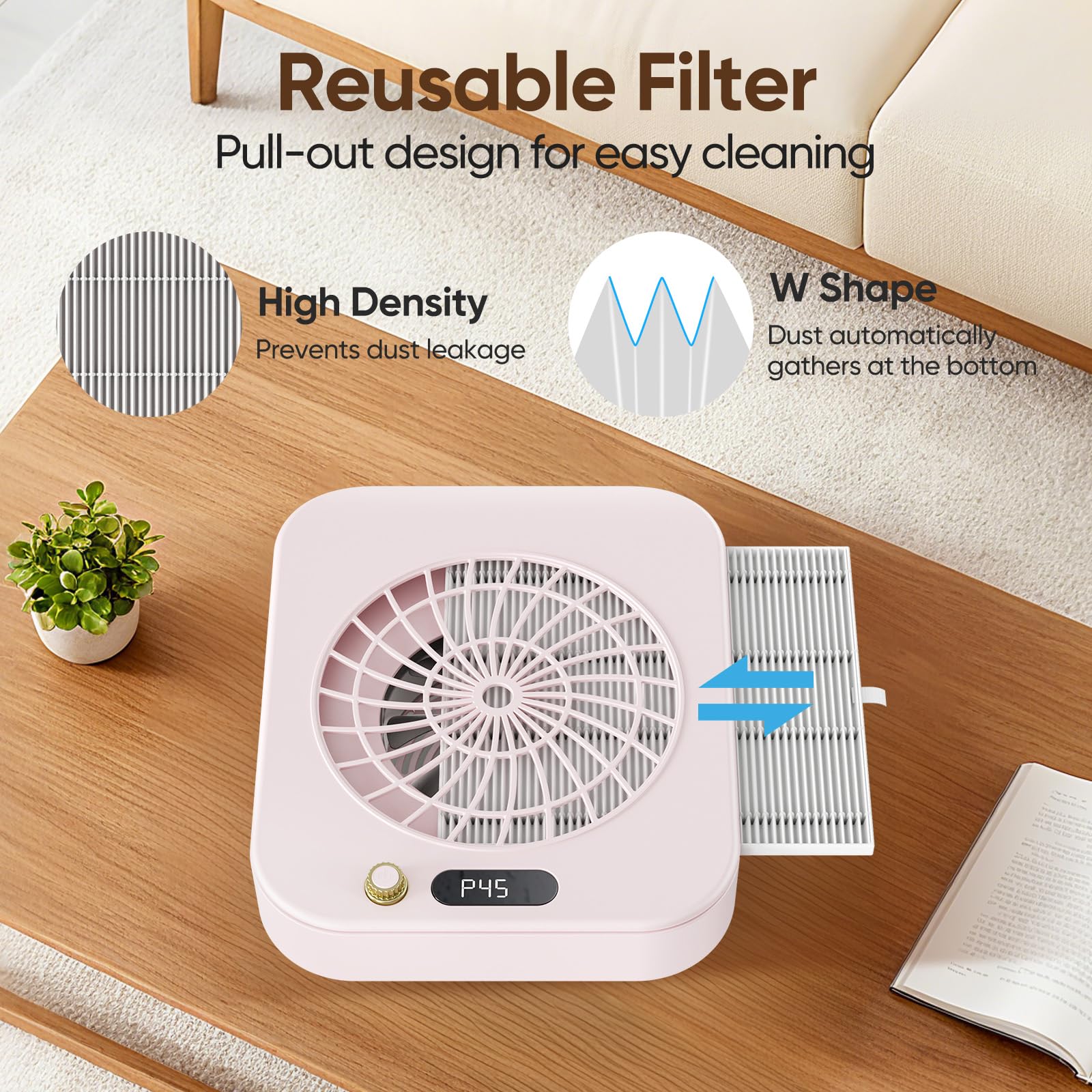 Aspirador de Polvo para Uñas Profesional con Succión Poderosa 360°, 45 Niveles de Velocidad & Filtro Reutilizable, 160CFM 4300RPM Extracto de Polvo Silencioso