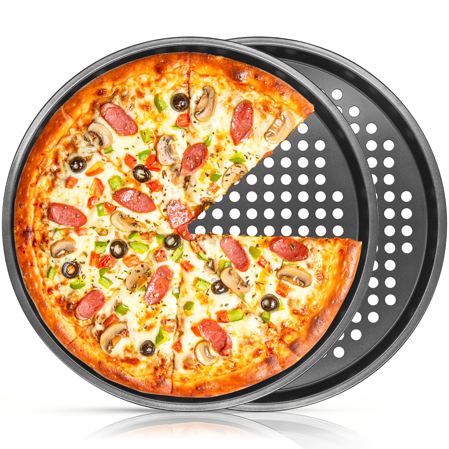 YuleNova 2 PCS Non-Stick Pizza Trays, 32cm/12.5inch Perforated Pizza Pans Oven Safe Baking Tray for Home Kitchen and Restaurant Using