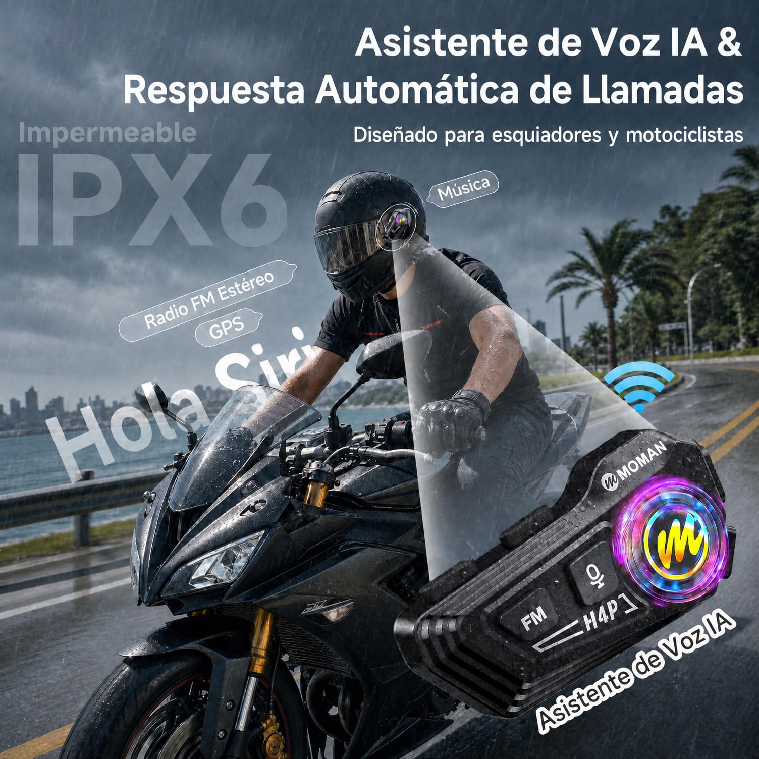 Moman Casco de moto H4P auriculares BT5.1 con altavoces Hi-Fi, doble reducción de ruido RGB/FM/manos libres/AI, control de voz AI, para un solo conductor (negro-H4P)