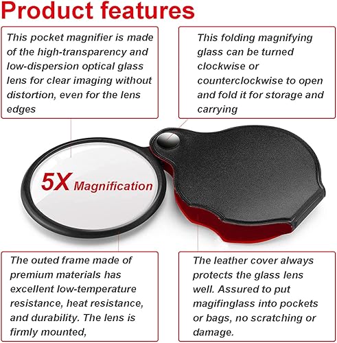 Miniatura 4 de 2pcs 5X Mini Pocket Magnifier Glass, Small Folding Magnifying Lenses with 360 Rotating Protective Leather Sheath for Seniors Reading, Inspection,