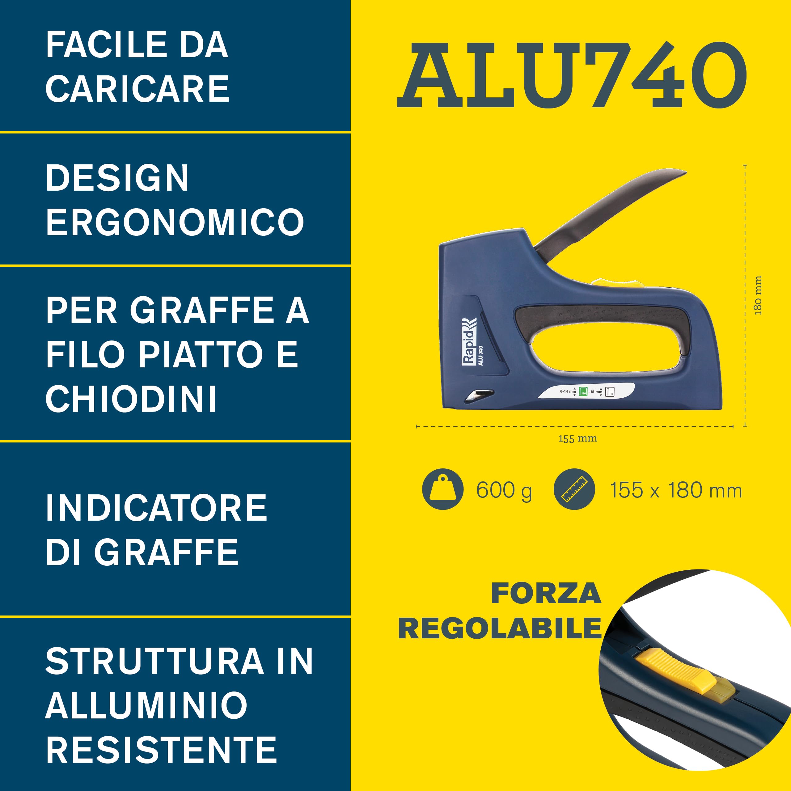 Rapid ALU740 PRO Graffatrice Manuale 2-in-1 per Graffe n. 140 e Chiodini n.8, Dotata di Impugnatura Ergonomica, Parti Interne in Acciaio e Regolatore di Forza a 2 Fasi (5001676)