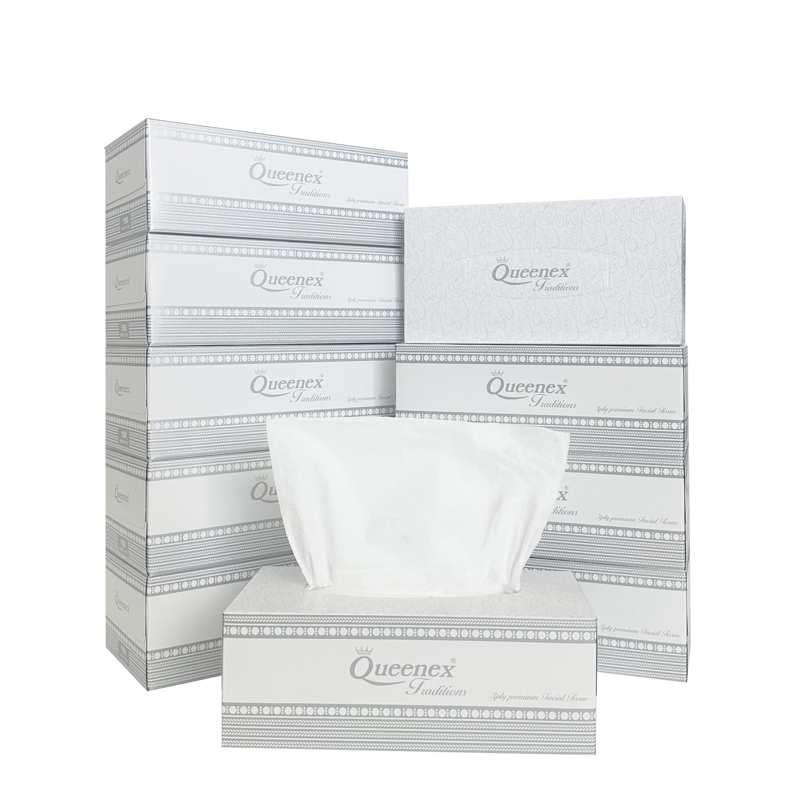 Queenex 100% Virgin Pulp Facial Tissues, 3-ply, 150 Tissues per Box, 10 pack (1500 Sheets Total) - Designed for Home, Office, or Travel