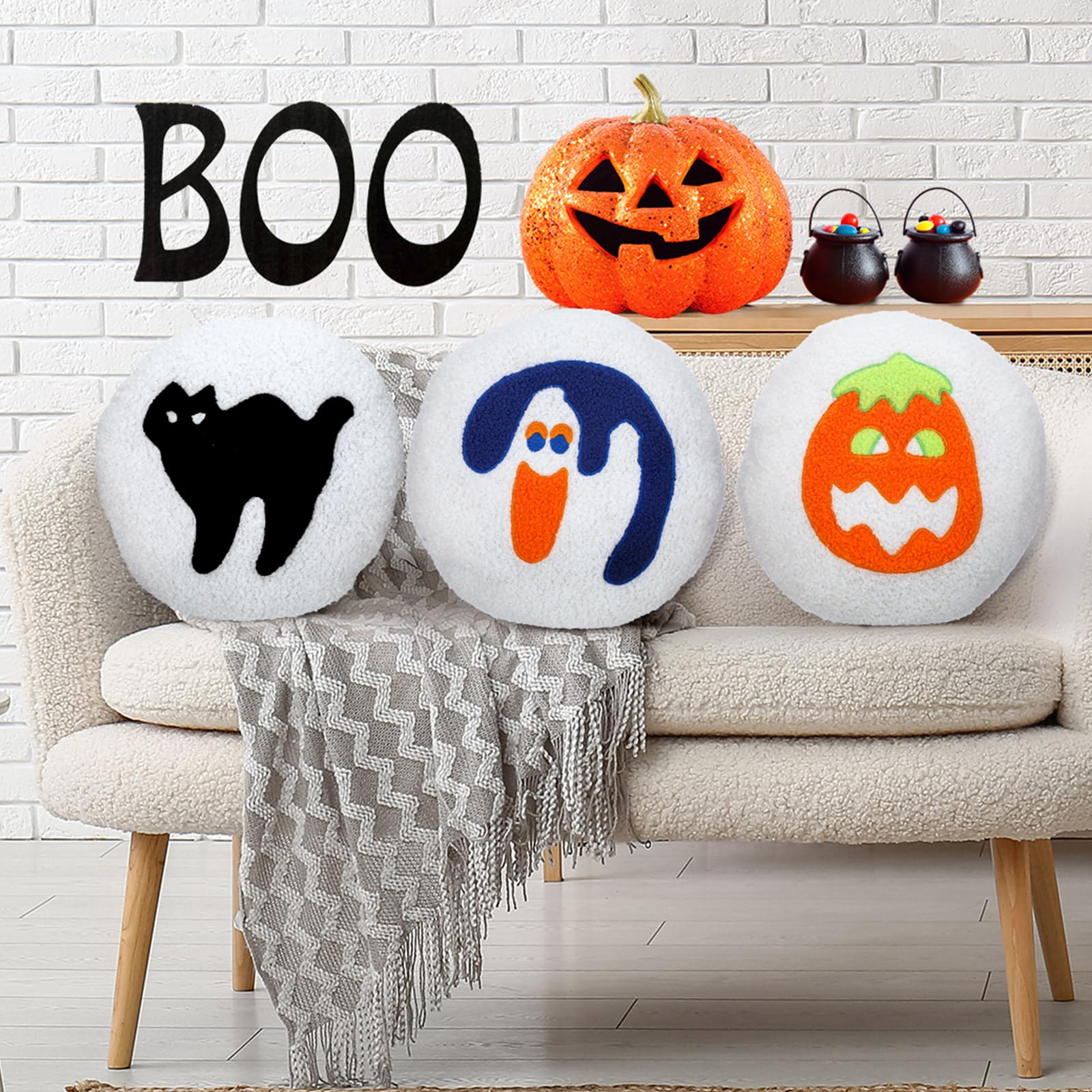 Suzile 3 Pcs Halloween Throw Pillows Decorative Spooky Pillows for Sofa Bed Couch Stuffed Halloween Pillow for Party Outdoor Home Decorations Ghost