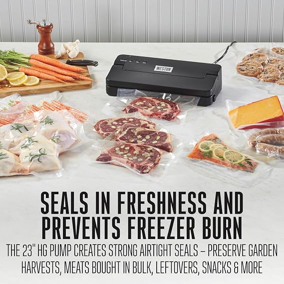 Weston Compact Vacuum Sealer Machine For Food With Powerful 23 Hg Pump | For Bags Up To 11 Wide | 100 Watts | Corner Guides for Easy Align | Intuitive Controls + Pulse Function | Black | 65-2061-W