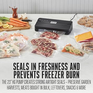 Weston Compact Vacuum Sealer Machine For Food With Powerful 23 Hg Pump | For Bags Up To 11 Wide | 100 Watts | Corner Guides for Easy Align | Intuitive Controls + Pulse Function | Black | 65-2061-W