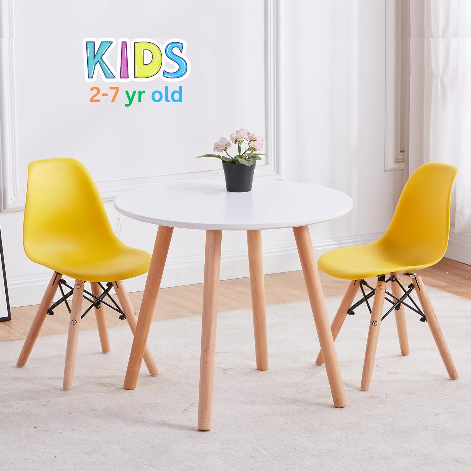 Kids Table and Chair Set, Yellow Toddler Table and Chair Set, Round Kids Desk and Chairs (Table and 2 Yellow Chairs)