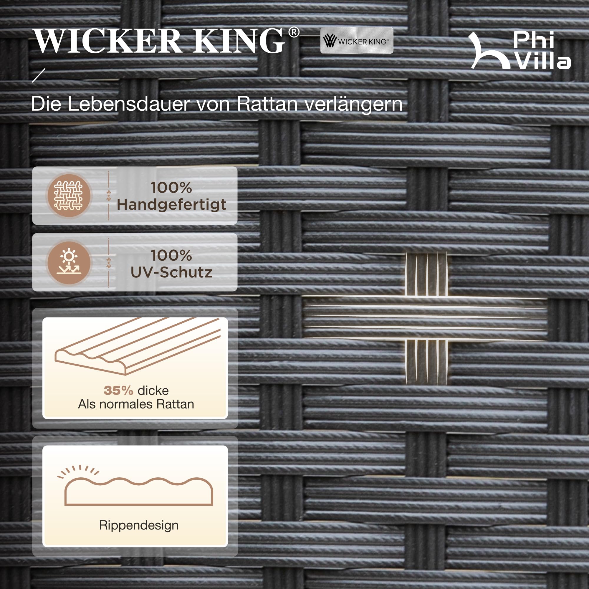 PHI VILLA 3-teiliges Bartisch mit Barhocker Set, Outdoor Barmöbel Garten Bartisch Set mit Rattan Hocker und Tischplatte in Holzmaserung, Bar Tisch mit 2 Stühlen für Terrasse