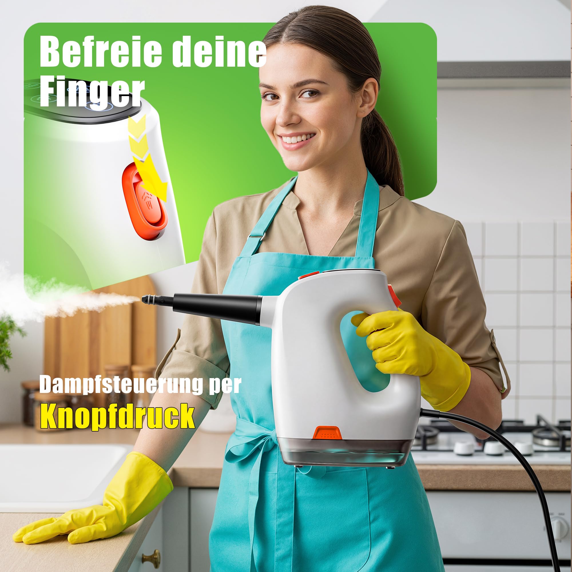 Handdampfreiniger 1200W, 500ml abnehmbarer Wassertank mit Reinigungsmittelspender, entfernt Fett und Schmutz, Dampfreiniger Handgerät für Küche, Bad, Fugen, Fenster & Haushalt