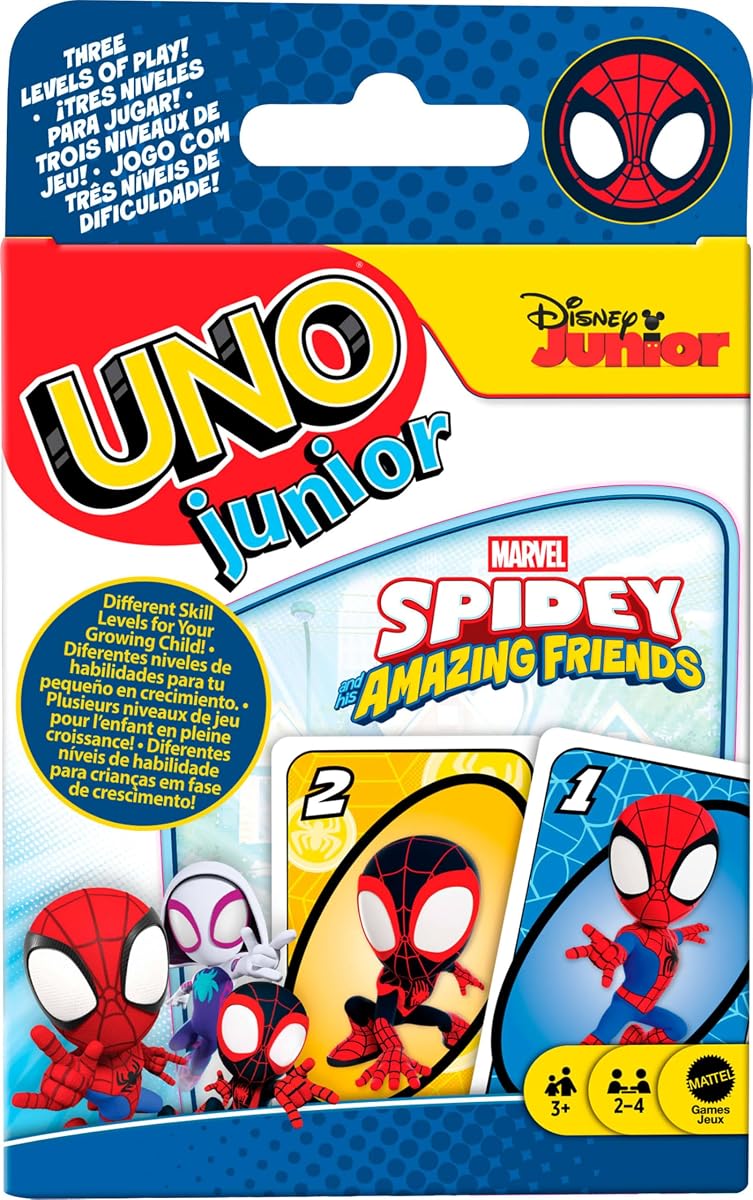 Mattel Games UNO Junior Marvel Spidey and His Amazing Friends Juego de cartas para niños, noches familiares, fiestas para 2-4 jugadores a partir de 3 años