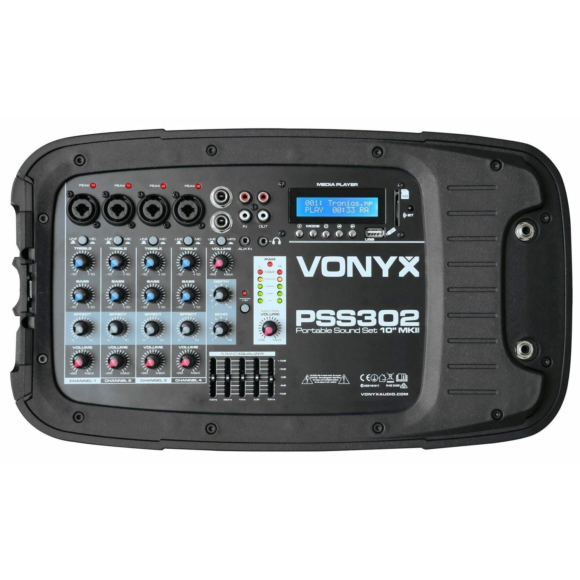 VONYX PSS302 Sono Portable 10" SD/USB/MP3/BT avec Pieds - Amplificateur Intégré - Mini Table de Mixage Intégrée - Puissance de 300 Watts - 8 Canaux - Technologie sans Fil Bluetooth