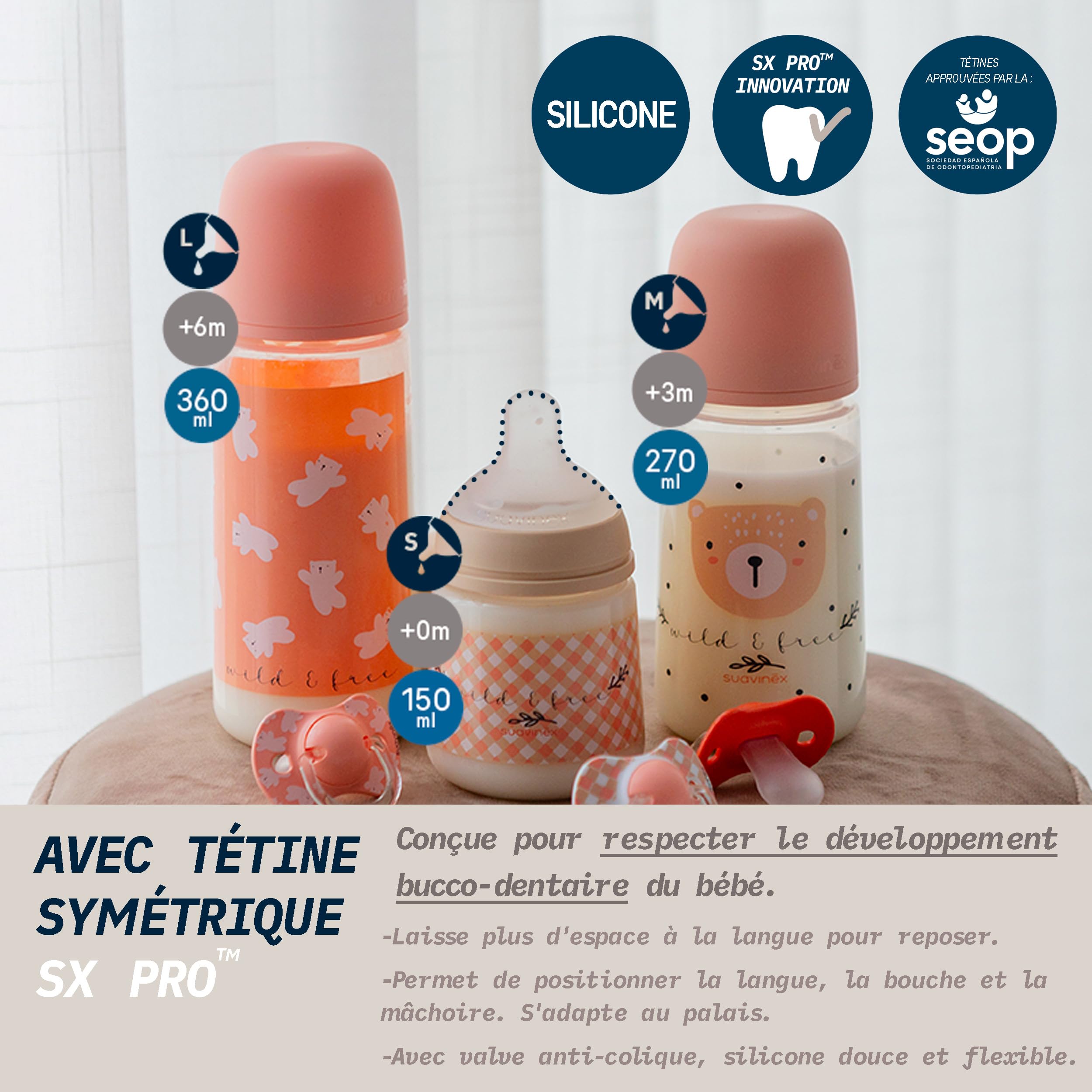 Suavinex, Lot de 2 Biberons de 360 ml, Tétine Symétrique SX Pro en Silicone avec Valve Anticolique, Débit Dense (L), Convient aux bouillies/purées liquides. Bébés +6 Mois. Birdies et Wild&Free, Rose