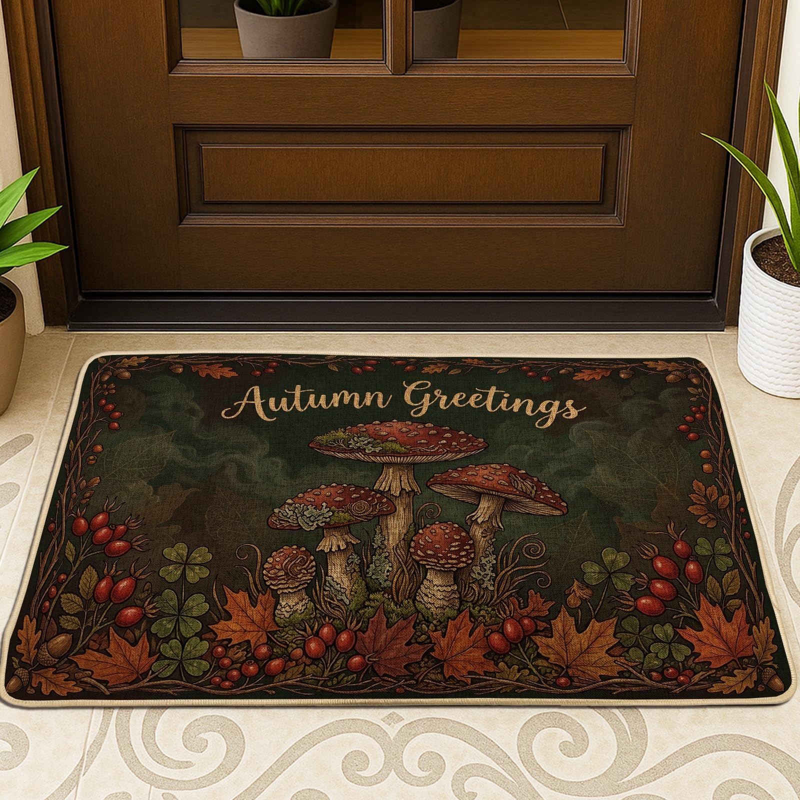 Paillasson champignons et baies d'automne pour embellir votre entrée de maison
