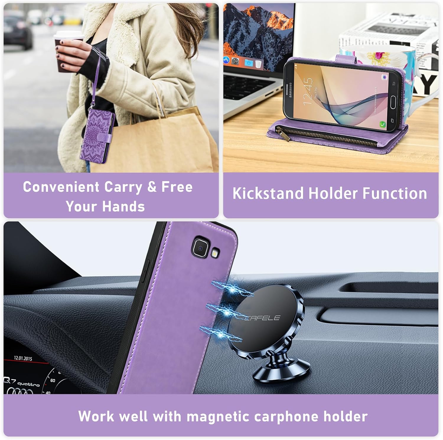 Phone Case for Samsung Galaxy J7 Prime 2017 J 7 Skypro Sky Pro J7V V S727VL Zipper Wallet Magnetic Detachable Cell Cover with Screen Protector Strap Flip Card Holder Slot Halo 7J Perx J7prime Purple